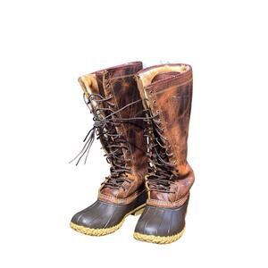 LLBean Women 16” Leather Shearling Lined Tall Duck Boots size 9